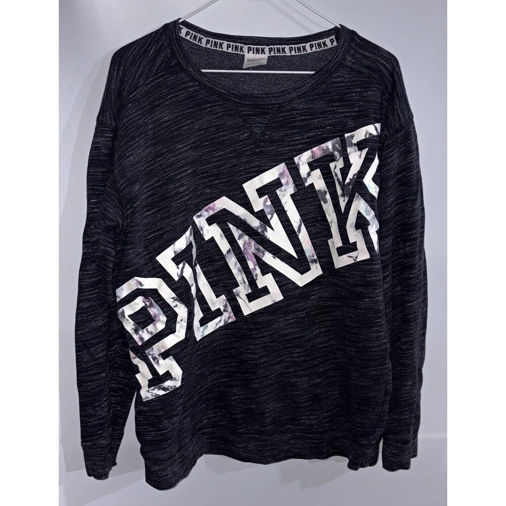PINK Women's Black Logo Graphic Crew Neck Pullover Sweatshirt Long Sleeve M